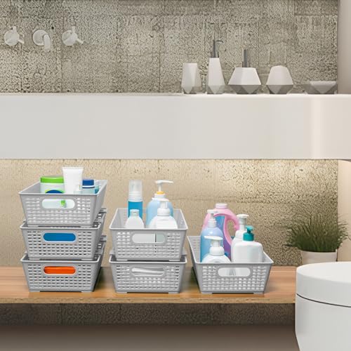 Tiawudi Stackable Woven Plastic Basket, Storage Bins for Cabinet, Closet, Shelf, Under Sink and Countertop, Pantry Organizer Bins, 6 Pack - color: Gray