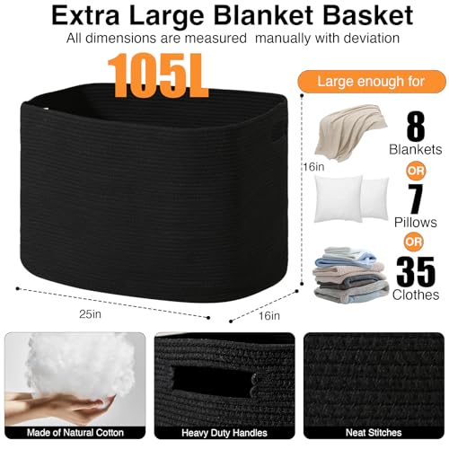 ICERZCZ Large Black Blanket Basket, Storage Baskets for Blankets, Woven Baskets for Storage, Woven Cotton Rope Basket for Toys, Clothes, Shoes, Books, Black, 25”x16”x16” (105L) - color: Black, size: 25”x16”x16”