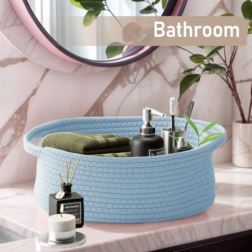 JMvicyroam Woven Basket,Small Rope Storage Bin with Handles & Ribbon Bag, Organizer for Shelves Closets,Gift Basket Empty for Birthday,Books,Dog Toys, Blue - color: Blue, size: 1 Pack