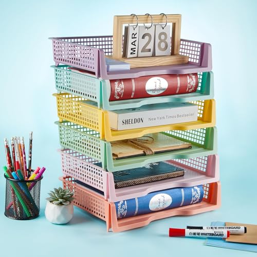 gisgfim 6 Pack Plastic Turn in Paper Trays for Classroom Pastel Storage Bin Basket Organizers for School Teacher Supplies Classroom Office Home Organization Storage Tray Holds 4A Paper File Document - color: Pastel