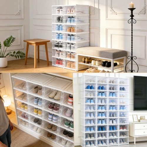 ZLLZUU Upgrade Clear Foldable Shoe Storage Organizer, No Assembly 6 Tiers Shoe Box with Fully Clear Door, Plastic Stackable Shoe Rack for Sneakers, Sturdy Shoe Storage Containers Bins - color: Transparent-6Tiers