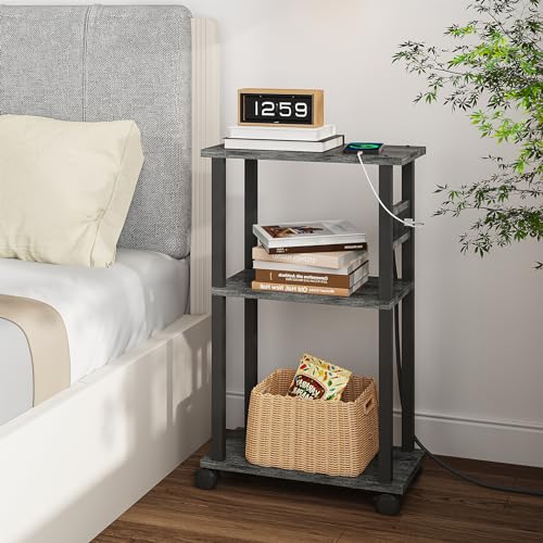 TUTOTAK Small Narrow Side Table with Charging Station, Set of 2, Skinny End Table for Small Spaces, Slim Nightstand with USB Ports and Outlet,Sofa Beside Table with Wheels, Charcoal Grey TB01BY047 - color: Charcoal Grey, size: 2 PC, style: With Plug