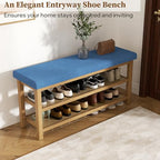 2 Tier Shoe Rack Bench with Cushion, Rubberwood Shoe Benches, Mid-Century Modern Shoe Storage Bench for Entryway, Hallway, Living Room, Closet, Front Door Entrance, Blue - color: Blue
