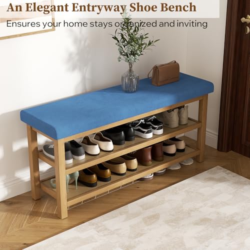 2 Tier Shoe Rack Bench with Cushion, Rubberwood Shoe Benches, Mid-Century Modern Shoe Storage Bench for Entryway, Hallway, Living Room, Closet, Front Door Entrance, Blue - color: Blue