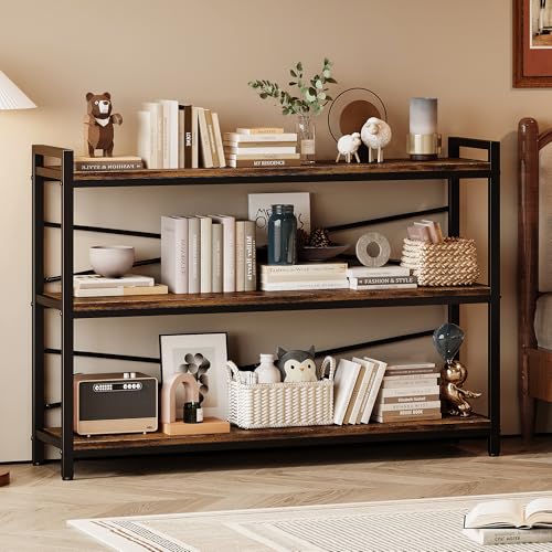3 Tier Bookshelf 47.24" Width, Wood and Metal Etagere Bookcase, Vintage Farmhouse Modern Wooden Large Book Shelf for Home Living Room Bedroom Office Storage(Rustic Brown) - color: Rustic, size: 3 Tier - 47.2" W