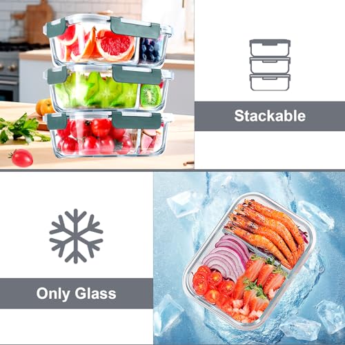 VERONES 5 Pack Glass Meal Prep Containers 2 Compartment Set, 36OZ Airtight Glass Lunch Containers, Glass Food Storage Containers with Lids, for Microwave, Oven, Freezer & Dishwasher Friendly,Grey - color: Grey