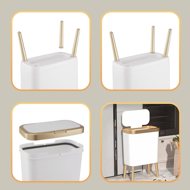 Procade Bathroom Trash Can with Lid, Plastic Garbage Can with Legs, 4 Gallon Gold Trash Bin with Push Button, Narrow White Trash Can Waste Basket for Bedroom, Living Room,Office，Dog Proof Trash Bin - color: White