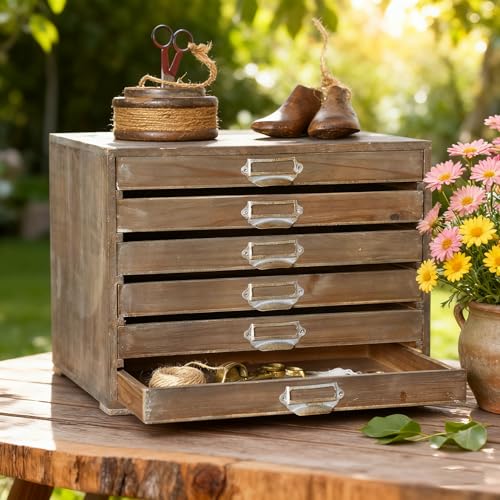 Vintage Wooden Desktop Organizer Cabinet with 6-Drawer Rustic Wood Shelf Drawer Antique Card Catalog Cabinet Distressed Decor Jewelry Cosmetics Craft Paper Storage Box for Home Office (Natural Color) - color: Natural Color
