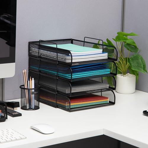 Mind Reader Stackable Paper Tray, Desktop Organizer, File Storage, Office, Metal Mesh, 10.5" L x 13.5" W x 11.25" H, 4 Pcs., Black - color: Classic Black