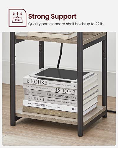 VASAGLE Side Table with Charging Station, 3-Tier End Table with USB Ports and Outlets, Nightstand for Living Room, Bedroom, 11.8 x 13.4 x 22.8 Inches, Plug-in Series, Greige and Black - color: Greige + Black