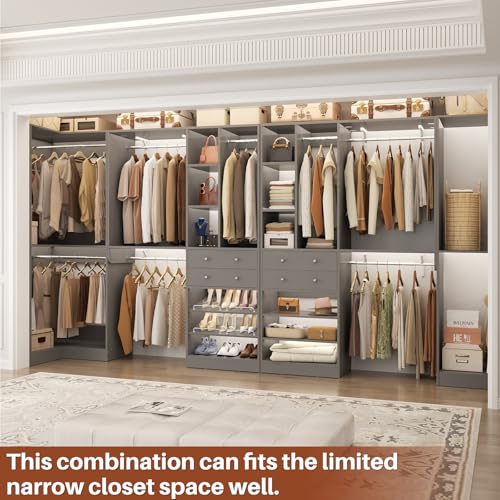 Besiost Closet System with 4 Drawers & Corner Tower, Closet Organizer System with 10 Hanging Robs, Reversible U Shaped Walk-in Closet System, Load 3600+LBS Capacity, Set of 4, Morandi Grey - color: Morandi Grey, size: 181" * 31.5"
