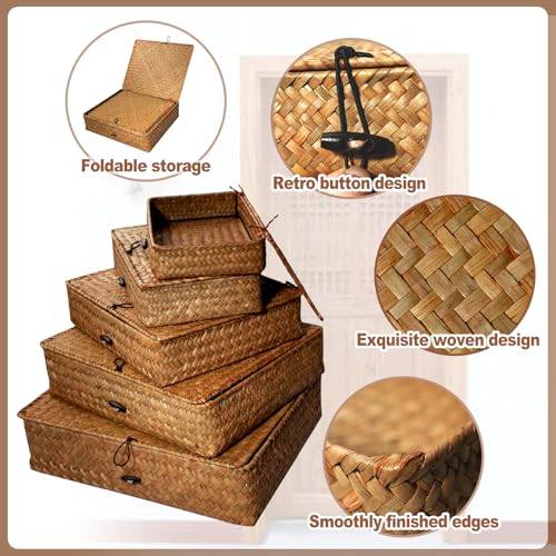5 Pcs Seagrass Basket with Lid 5 Sizes Decorative Storage Boxes Rattan Wicker Storage Basket with Lids Woven Organizer Baskets Multipurpose Flat Storage Bins for Shelf Closet Bedroom (Brown) - color: Brown