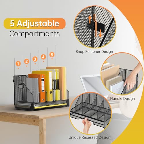 Docnest Desk File Holder Sorter, 5 Vertical Compartments Rack with Letter Tray, Mesh Magazine File Holder with Handle,Workspace Organizers,Desk Organizers for Paper, Mail, Documents-Black - color: Black-5 Compartments