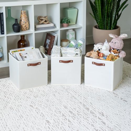 OrganiHaus White 12" x 12" x 12" Fabric Cube Storage Bins - Set of 4, Cube Fabric Organizer Bins with Vegan Handles, Kallax Storage Cubes, Cubbies Organizer Boxes, 12Inch Cubic Baskets for Shelves - color: Off-White, size: (12x12) Leather Handles