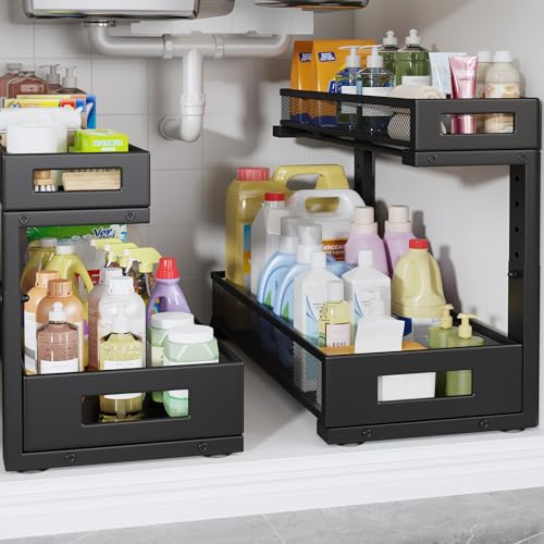 2 Pack 19IN Depth Under Sink Storage Organizer, Large 2-Tier Elegant Mesh Pull Out Shelf for Kitchen and Bathroom Cabinet Organization, L-Shaped and Adjustable Height Design-Black - color: Black, size: 2 Pack-19"Dx11.4"-16.14"H