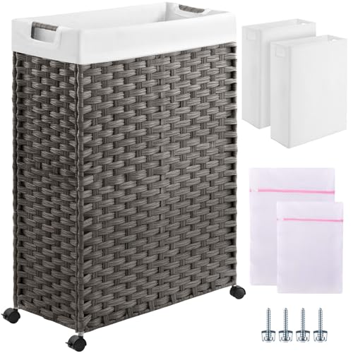 Greenstell Laundry Hamper with Wheels & Handles, 26.4 Gallon (100L) Slim Laundry Basket with 2 Removable Liner Bags & 2 Mesh Bags, Foldable Narrow Clothes Hamper for Bedroom, Bathroom, Closet, Grey - color: Grey, size: 100L (21.7 x 9.8 x 30.7 inches)