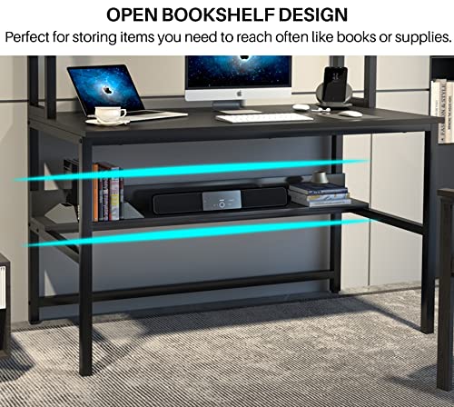 Aquzee Computer Desk with Hutch and Bookshelves, Large Leg Room 55 inch Width Black Desk with Space Saving Storage Shelves, Easy Assemble and All Hardware and Tools Included - color: Black, size: 55inch
