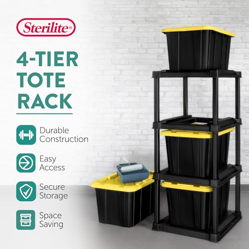 Sterilite 4 Tier Tote Rack, Vertical Plastic Organizer with 4 Pack 27 Gallon Industrial Storage Totes, Black - for Garages, Workshops, or Basements - size: 27 Gallon - Black/Yellow + Tote Rack