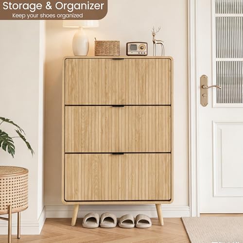 FurSch Fluted Shoe Storage Cabinet with 3 Flip Drawers, Narrow Shoe Rack Cabinet Organizer with Adjustable & Removable Shelves for Entryway (All Natural, 3 Drawers) - color: All Natural, size: 3 Drawers