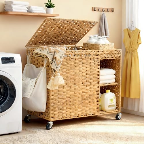 Laundry Hamper with Lid, 160L Rattan Wicker Laundry Basket with Wheels, Handwoven Laundry Hamper 2-Section with Storage shelf(42.3 Gal), Laundry Sorter Basket with Removable Liner, Natural HLH032N - color: Nature, size: 29.5”L x 13”W x26.4”H