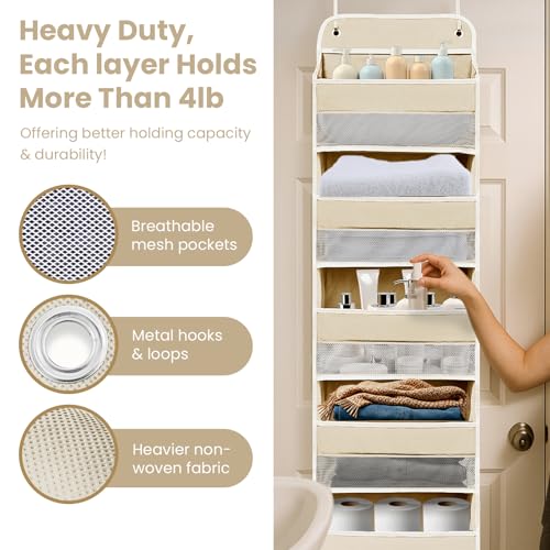 Space Saving Over The Door Organizer,5 Shelves & 8 Side Pockets,Anti Tilt Hanging Behind Door Storage,Heavy-Duty Reinforced Mesh Rack Holds 44lb for Bathroom,Pantry, Nursery,Closet, Shoes, Towels - color: Ivory White, size: 5 shelf