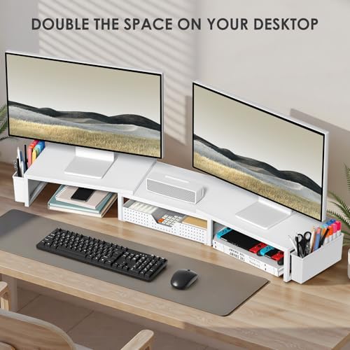 OPNICE Desk Organizers and Accessories, Dual Monitor Stand Riser with Drawer and 2 Pen Holders, Desk Shelf Metal Computer Racks for Office Workspace Organizers, Desktop Organization (White Metal) - color: White Metal, size: With drawer and pen holder