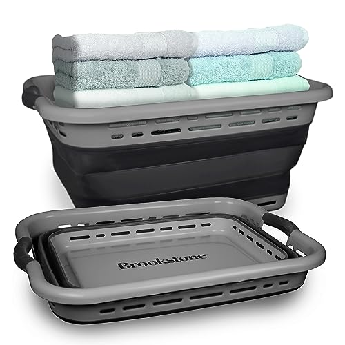 BROOKSTONE 11 GALLON XL 24" Collapsible Laundry Basket & Clothes Hamper, Comfort Non-Slip Handles, Modern Laundry Hamper with Space Saving Design, Portable Pop-Up Hamper, BPA FREE, Grey, 1 Pack - color: Dark Grey, size: XL
