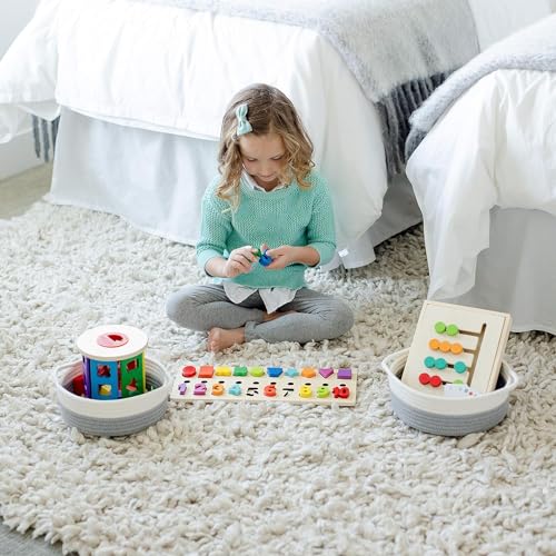 NaturalCozy 5-Piece Round Small Woven Baskets Set– Cotton Rope Baskets for Organizing! Montessori Toys, Fruits Remotes Key Tray Bowl for Entryway Desk, Shallow Catchall Home Décor, Cat Dog Bin Gift - color: Off White & Gray