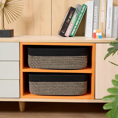 MiniArk Large Shallow Organizing Baskets 15x11x5.1 Inches - Rope Woven Storage Bins for Bathroom, Shelves, Cube Closet, Black Woven Brown 2 Packs - color: Black & Woven Brown, size: 2pcs-L15×W11×H5.1"