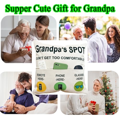 ZUYUROU Grandpa 3 Pocket Throw Pillow Cover, Grandpa's Spot Couch Organizer Pillowcase for Remote Phone Glasses, Ideal Father's Day Birthday Gift for Grandpa, Sofa Armchair Storage, 18 x 18 Inch - color: Grandpa 3-pocket