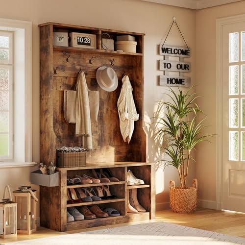 Aiho Entryway Hall Tree with Bench and Storage, 3-in-1 Hall Tree with Coat Rack, Adjustable Shoe Bench, 2-Tier top Storage, for Hallway, Entryway, Bedroom, Rustic Brown - color: Brown