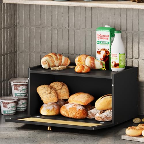 Trironsun Rattan Bamboo Bread Box for Kitchen Counter Large Capacity Bread Storage Bin Farmhouse Bread Storage Container Rustic Bread Holder (Black) - color: Black