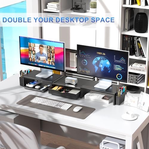 gianotter Dual Monitor Stand Riser, Desk Organizer With Drawer and 2 Pen Holders, Computer Monitor Stand, Shelf for Top of Desk, Black - color: Black