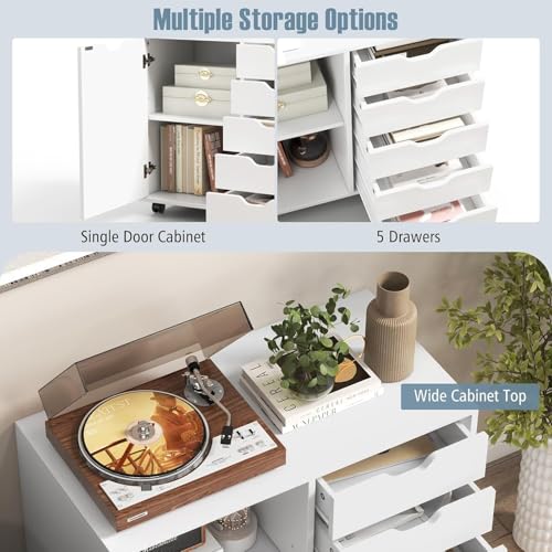 5-Drawer Wood Drawer Cabinet, Office Storage Cabinet with Adjustable Shelf & Wheels, Printer Stand for Home Office, White, 15.7" D x 30.7" W x 25.4" H - color: White