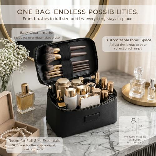 Makeup Bag Vanity Case for Women – Portable Cosmetic Bag Makeup Bag Organizer Travel Toiletry Bag with Removable Divider - color: Black
