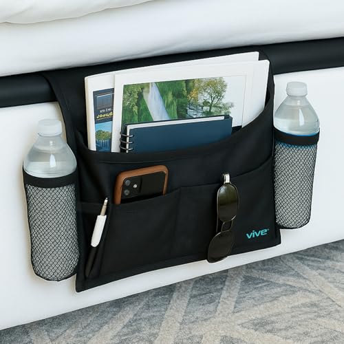 Vive Bedside Caddy - Bed Hanging Organizer - Storage Bag Shelf for College Dorm, Bedroom, Couch, Bunk - 8 Large Pockets with Charger Slots for Men and Women - Slides Under Mattress - Handle for Travel