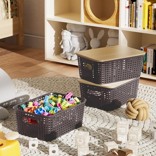 6Pcs Storage Bins with Lids, Stackable Plastic Storage Basket with Bamboo Lid, Pantry Organizer Box Small Containers for Organizing Shelves Drawer Desktop Closet Cabinet Office Classroom 10x7.1x4.1in - color: Brown