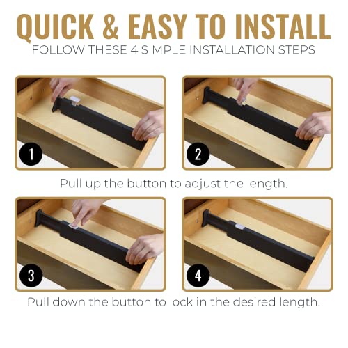 RAPTUROUS Adjustable Drawer Dividers 8 Pack, 4” High, 11-17” Long, Dresser Drawer Organizer for Bedroom, Closet, Kitchen, Nursery, Office, Strong Hold, Soft Foam Edges, Black - size: 4" Tall, 11"- 17" Long