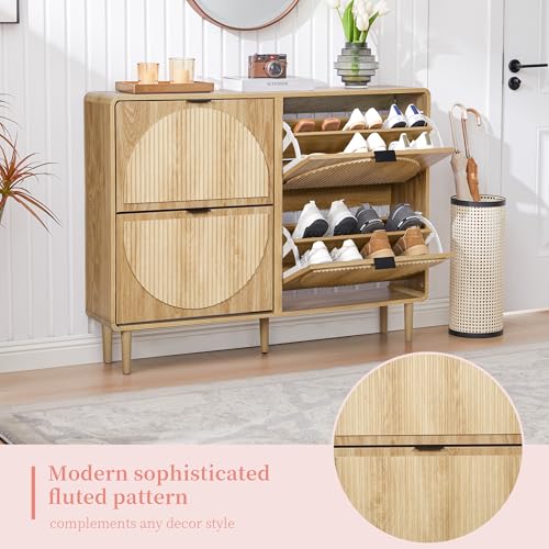 Turtle&Myrtle Narrow Fluted Shoe Cabinet for Entryway, Slim Hidden Shoe Rack, Wooden Freestanding Shoe Storage Organizer with 4 Flip Drawers, Hallway, Living Room, Foyer (Natural) - color: Natural-4 Flip Drawers