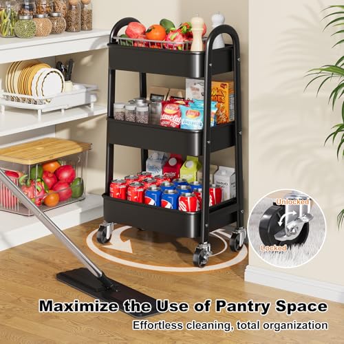 3 Tier Black Rolling Cart Metal with Wheels, Basket, Cups & Hooks, Three Tier Utility Carts on Wheels, Can Organizer for Pantry Floor, Kitchen Storage Rack, Snack Shelf Carts, Vianderos para Cocina - color: Black, size: 3 Tier+Cups+Hooks