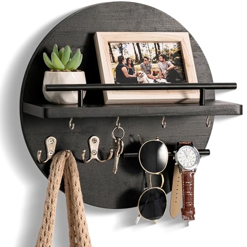 dreampossible Key Holder for Wall Decorative with Shelf and Hooks, Mail Organizer Wall Mount, Circular Design Entryway Key Rack Hanger, Rustic Home Decor (Black) - color: Black