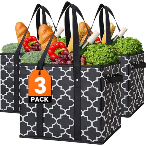 WISELIFE Reusable Grocery Bags 3-Pack Foldable Washable Large Storage Bins Basket Water Resistant Shopping Tote Bag Black - color: Black, size: 3 Pack