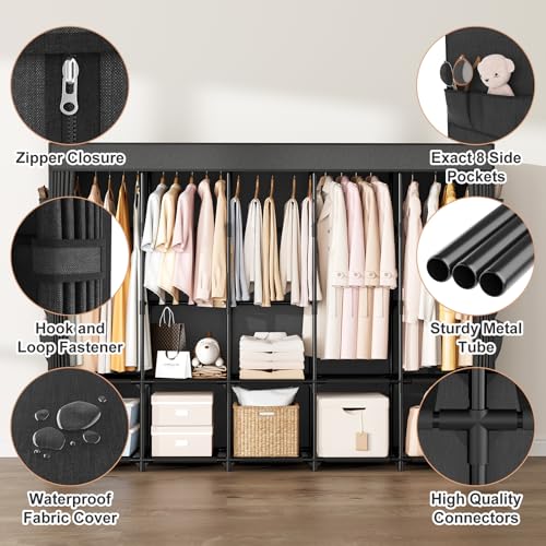 Portable Closet Storage, Portable Wardrobe Closet Organizer Clothes Rack wtih Cover, Hanging Rod, Storage Shelves and Side Pockets, Large Portable Closets for Hanging Clothes, Black - color: Black, size: 5 Row - 82'' Wide