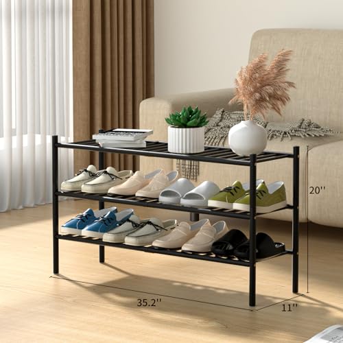 ROMGUAR CRAFT 3-Tier Bamboo Long Shoe Rack, Free Standing Wood Shoe Shelf Storage Organizer for Closet Entryway Stackable 35"x11"x20" (Black) - color: Black, size: 3-Tier(Long)