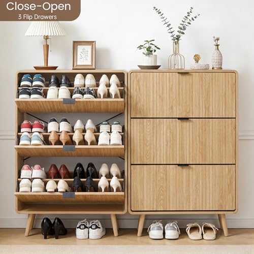 FurSch Fluted Shoe Storage Cabinet with 3 Flip Drawers, Narrow Shoe Rack Cabinet Organizer with Adjustable & Removable Shelves for Entryway (All Natural, 3 Drawers) - color: All Natural, size: 3 Drawers