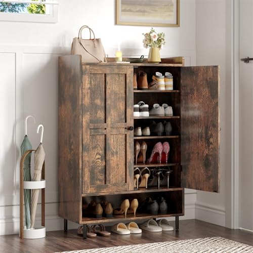 ONBRILL Shoe Storage Cabinet with Cross Molding Doors, 6-Tier Shoe Cabinet with 3 Adjustable Shelves and Metal Legs, 45 Inch Tall Shoes Rack Organizer for Entryway, Front Door, Rustic Brown - color: Rustic Brwon