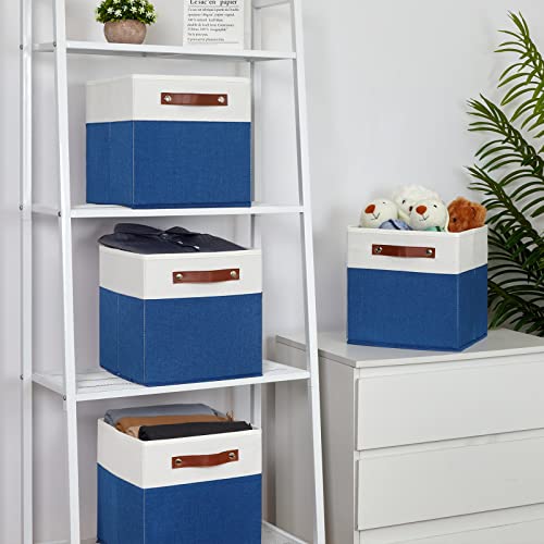 Temary 11 Storage Cube Bins for Shelves, Closet - 4 Pack Fabric Baskets With Leather Handles (White & Blue) - color: White&Blue, size: 11×11×11
