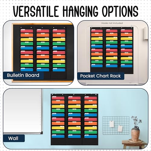 Essex Wares - 30 Pocket File Pocket Chart, Black, 42" Wide x 47" Tall - Versatile Wall Hanging File Folder Organizer for Classroom, Office, Home, and More - Wall Folder Organizer - 30 Pockets - size: 30 Pocket