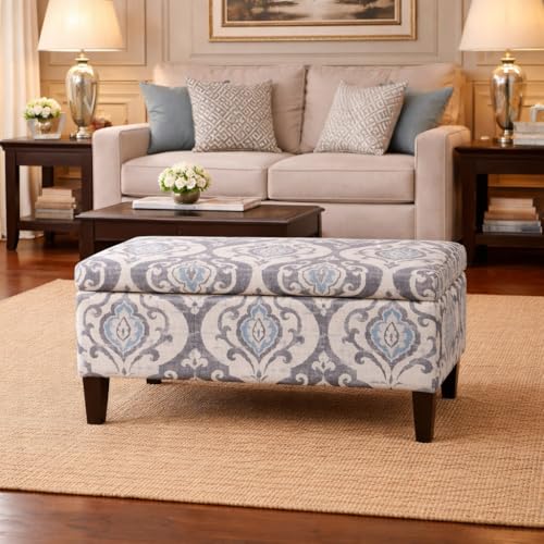 HomePop Large Upholstered Rectangular Storage Ottoman Bench with Hinged Lid, Slate Damask - color: Slate Damask