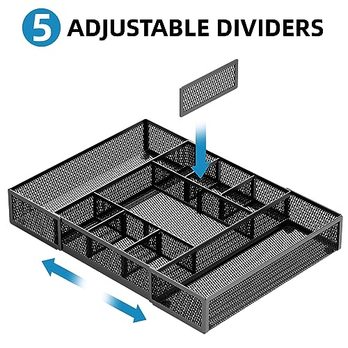 Marbrasse Expandable Desk Drawer Organizer, Mesh Drawer Organizer Tray with 10 Adjustable Compartments, Desk Organizers and Accessories, 5 Dividers Drawer for Office Supplies, Makeup & Vanity (Black) - color: Expandable-Black